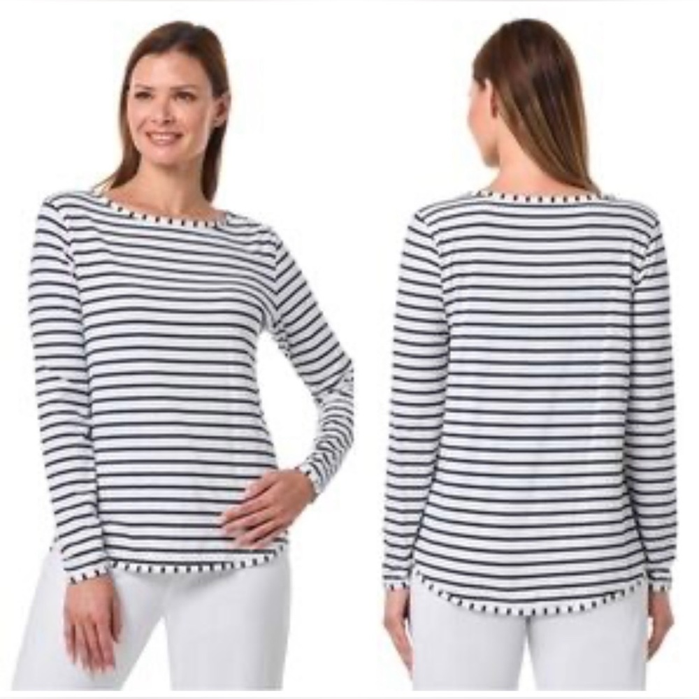 Coolibar UPF 50+ Heyday Side Split Shirt Top Medium M Brittany Coastal Striped